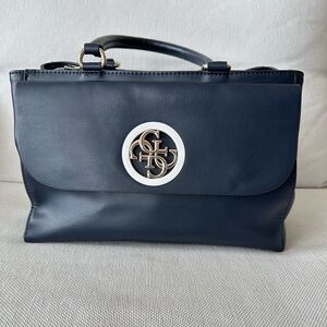Guess Navy Leather Top-Handle Satchel with White and Gold Logo